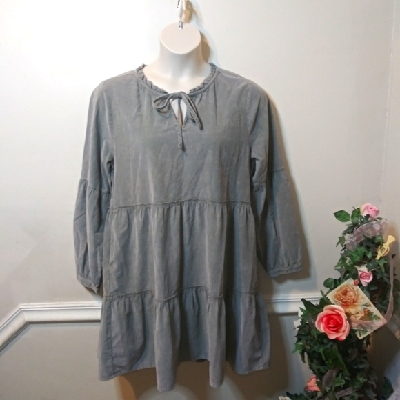Sundance Dylan Boho Sage Green, Long Sleeved, Tiered Skirt Corduroy Mini Dress - Picture 2 of 14